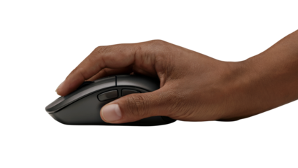 Human hand holding a computer mouse, a modern technology . Isolated on transparent background, png