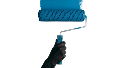 hand holding a paint roller with blue color paint  . Isolated on transparent background, png