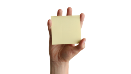 hand holding a blank square sticky note . Isolated on transparent background, png