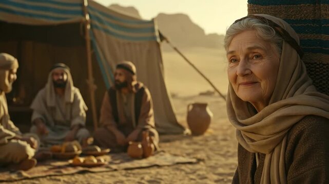 Woman and men gather in desert camp, offering eastern hospitality from the Old Testament in biblical times.