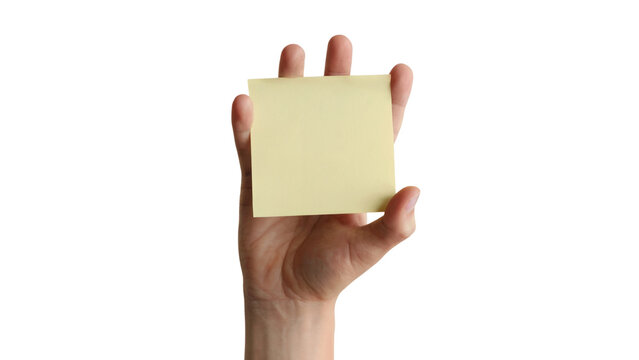 hand holding a blank square sticky note . Isolated on transparent background, png