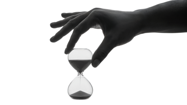 hand holding hourglass, time ticking by in grayscale picture . Isolated on transparent background, png