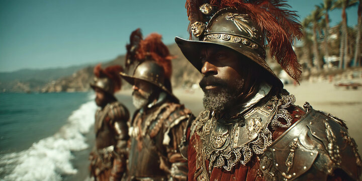 Spanish conquistadors arriving on the shores of America in 1525