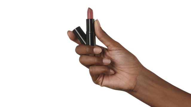 woman holding a lipstick with focus on the color and product . Isolated on transparent background, png