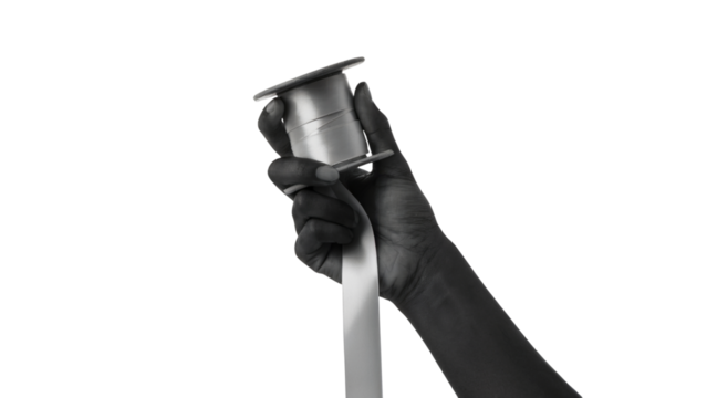 person hand holding tape reel in black and white . Isolated on transparent background, png