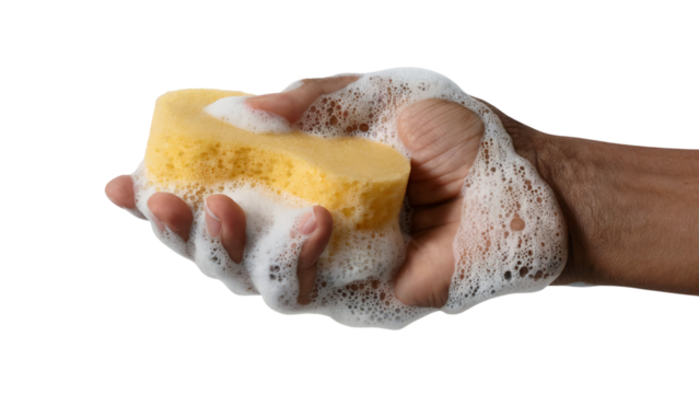 hand holding yellow sponge covered in soapy foam . Isolated on transparent background, png