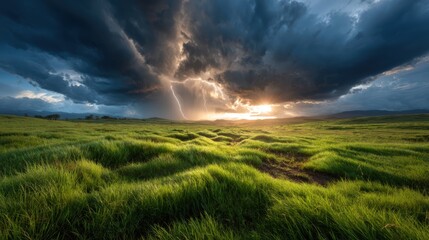 A stunning view of a stormy sky above rolling green hills, with a dramatic lightning strike, showcasing the beauty and power of nature during sunset.