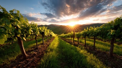 Fototapeta premium A stunning sunset view over lush green vineyards, showcasing vibrant colors and rows of grape vines under a dramatic sky set in a picturesque landscape that invites tranquility.