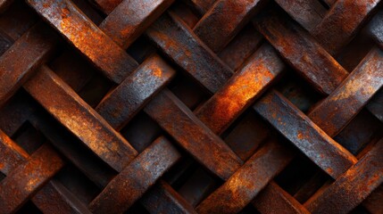 A close-up view of a rusty metal mesh, showcasing a complex weaving pattern. The oxidized surface adds character and texture, perfect for backgrounds or industrial themes.