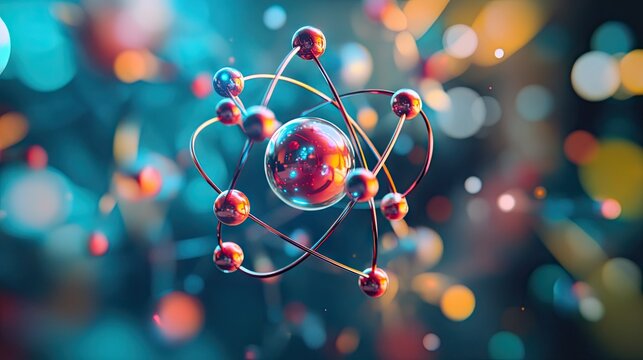 Close-up of a colorful atom model showing electron orbitals and particle interactions in a futuristic digital style