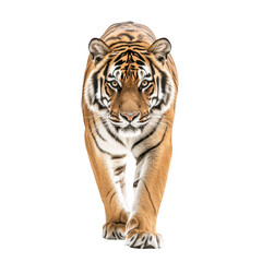 Fototapeta premium A majestic tiger confidently strides forward. its powerful physique and striking features against a clean. white background. perfect for wildlife conservation campaigns or educational materials