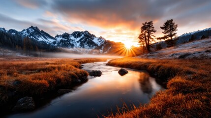A captivating sunset scene over a mountain river, where vibrant colors blend beautifully in the sky and reflect on the water, creating a picturesque landscape of nature's splendor.