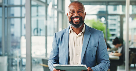 Tablet, smile and portrait of business man in office for financial career, pride and about us. Tech, mature consultant and happy person in workplace for investment, wealth management and confidence