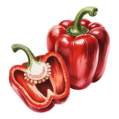 bell pepper whole and sliced watercolor style Vibrant red