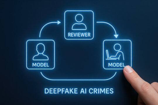 Deepfake ai crimes concept with glowing neon icons representing model and reviewer roles digital process involving artificial intelligence