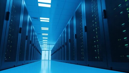 A long, dimly lit corridor in a modern data center with rows of server racks glowing with blue light - Powered by Adobe