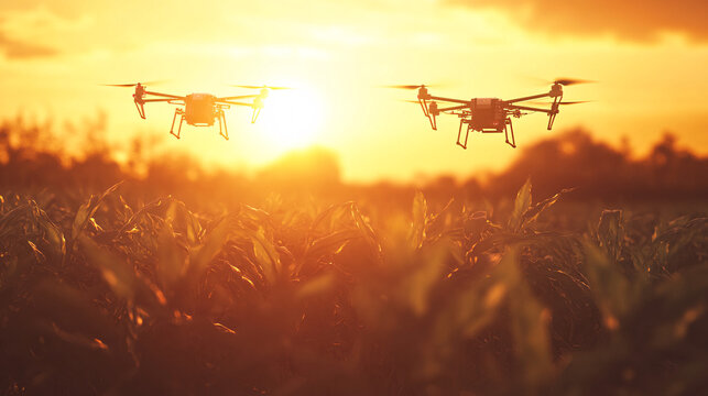 Drones survey vast agricultural field under golden sunset sky, capturing modern farming. - Powered by Adobe