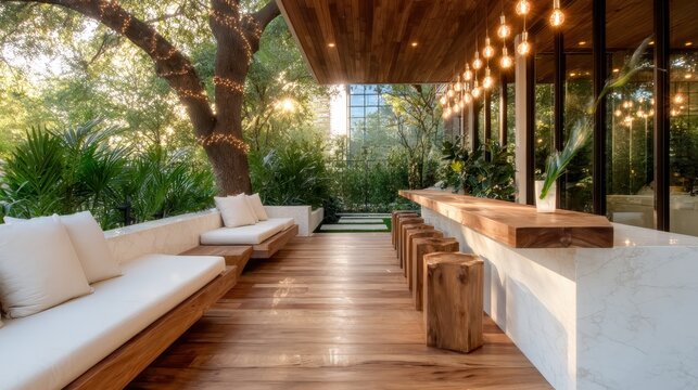 This chic outdoor seating area is illuminated by warm natural light, featuring comfortable furniture and greenery, creating an inviting space for relaxation and socializing with friends.
