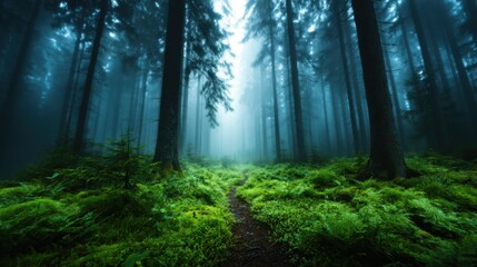 Obraz premium A serene view of a misty forest with towering trees, enveloped in ethereal fog and lush greenery, creating a calming and mysterious atmosphere that invites exploration.