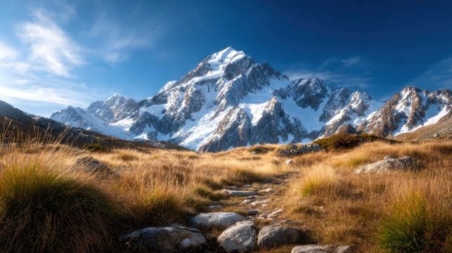 The image captures a stunning mountain landscape with snow-capped peaks and rolling grass hills, showcasing the grandeur and beauty of nature in pristine conditions.