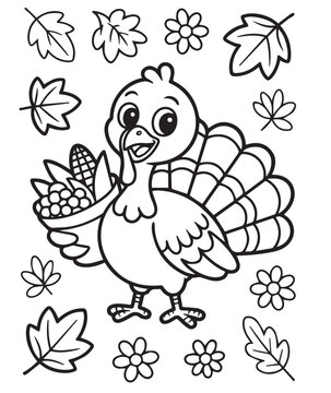 Naklejki Cartoon turkey holds a basket of harvest foods amidst leaves and flowers on white, page, kids, coloring page, book, printable, easy, coloring, pages