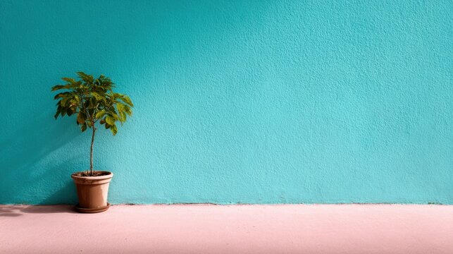A simple yet striking composition featuring a single potted plant against a vibrant turquoise wall, emphasizing minimalism and the beauty of nature in interior design.