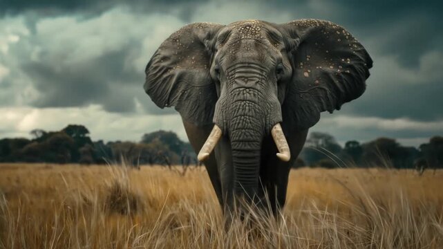 Majestic African Elephant with Massive Tusks in Golden Savanna Grass Under a Dramatic Stormy Sky