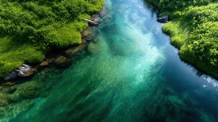 An aerial shot of a crystal clear river meandering through lush greenery, harmonizing nature's vibrant colors with tranquil water, ideal for environmental and nature lovers.