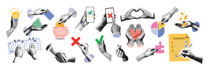 A trendy halftone collage of business elements. Hands typing on a keyboard, signing a contract, shaking hands. Technology, startups, ideas, and teamwork concepts. Modern retro vector illustration.