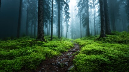Fototapeta premium A tranquil misty forest scene featuring a pathway surrounded by tall trees and lush greenery, evoking a sense of calmness and connection with nature.