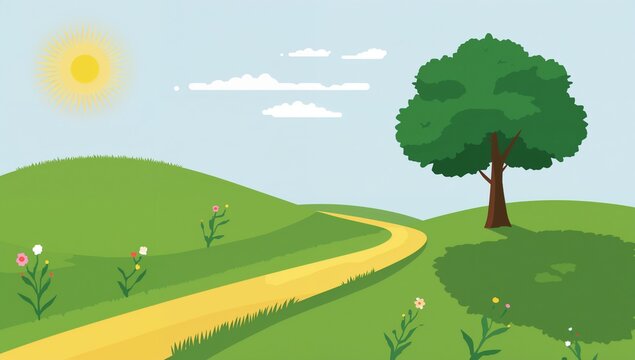 Sunny rolling hills with winding path, lone tree and flowers