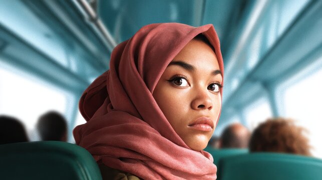 A thoughtful young woman wearing a pink hijab gazes out, captured in a moment of reflection, highlighting diversity and the beauty of individuality in everyday life.