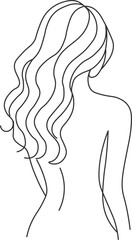 Elegant minimalist line art illustration of a woman with long wavy hair, on a white background