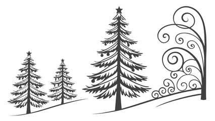 Set of stylized holiday tree outline graphics in PNG format. Fir, spruce, decorative contour elements for overlay designs. in white background