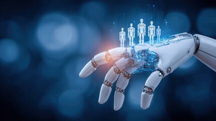 Robotic hand holding human figures representing artificial intelligence and technology.