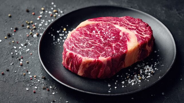 Raw ribeye steak on a black plate with salt and pepper, ready to cook
