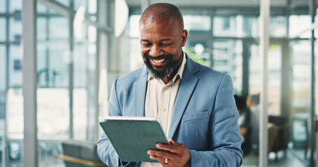 Tablet, business and happy black man in company for financial report, email or communication. Tech, mature consultant and person in office with investment feedback, wealth management or research
