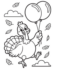 Cartoon turkey soars through the autumn sky clutching balloons, outlined against a transparent backdrop, page, kids, coloring page, book, printable, easy, coloring, pages