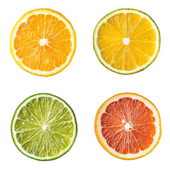 Obraz premium A display of citrus fruit slices including orange. lemon. lime. and grapefruit arranged in a visually appealing manner against a clean white background. perfect for culinary or health-related projects