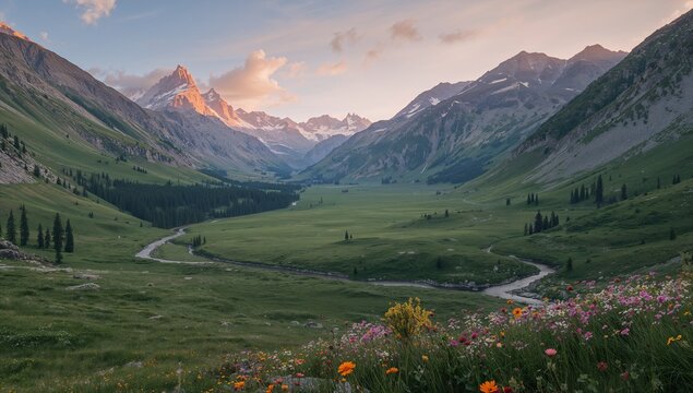 Majestic mountain valley with winding river, vibrant wildflowers - Powered by Adobe