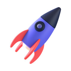 A cartoonish rocket ship with red fins and a blue body against a black isolated background view from the side