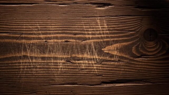Closeup shows a dark brown wood grain with a prominent knot and scratches The wood has distinct parallel lines