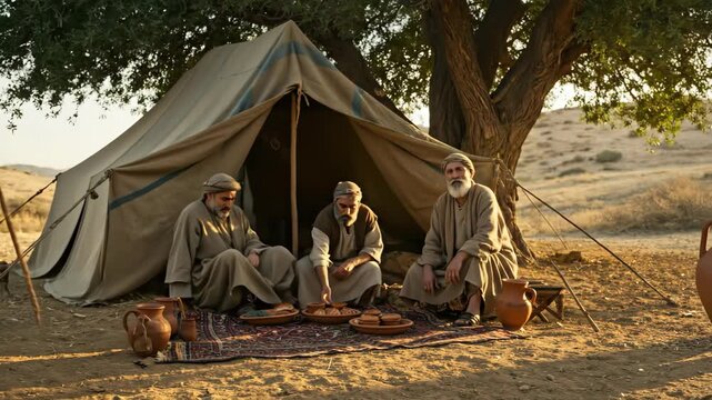 Woman peeking at three men sharing bread near a tent, a scene of desert hospitality from biblical times.
