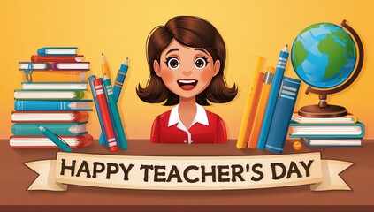 Happy teacher's day: smiling female teacher with books and globe