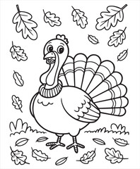 Simple turkey bird standing amid falling leaves with a transparent background coloring page