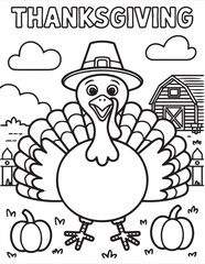 Thanksgiving coloring page showing a turkey wearing a pilgrim hat, barn, pumpkins, and clouds, page, kids, coloring page, book, printable, easy, coloring, pages