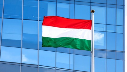 Hungarian Flag Waving Proudly Against Modern Building Facade.