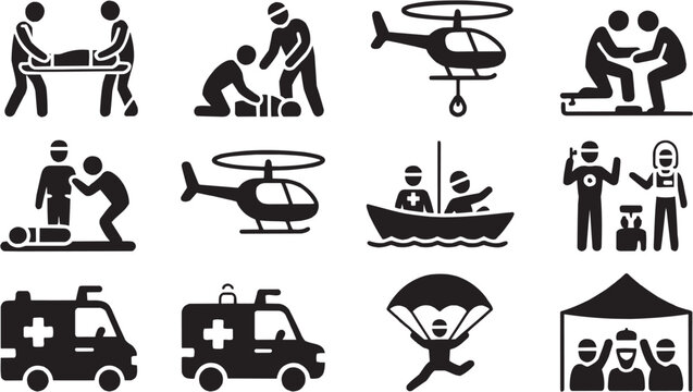 Rescue and emergency team icons set. Helicopter, boat, diver, safety, mission, rescue, emergency, team, help, life, protection, ocean, operation, marine, risk, lifeguard, survival, water, action, serv