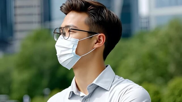 Thoughtful young man in a mask enjoys a sunny day outdoors in the city, lost in contemplation and reflection on a busy street - Powered by Adobe