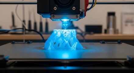 3D Printer Creating a Blue Object with Precision.